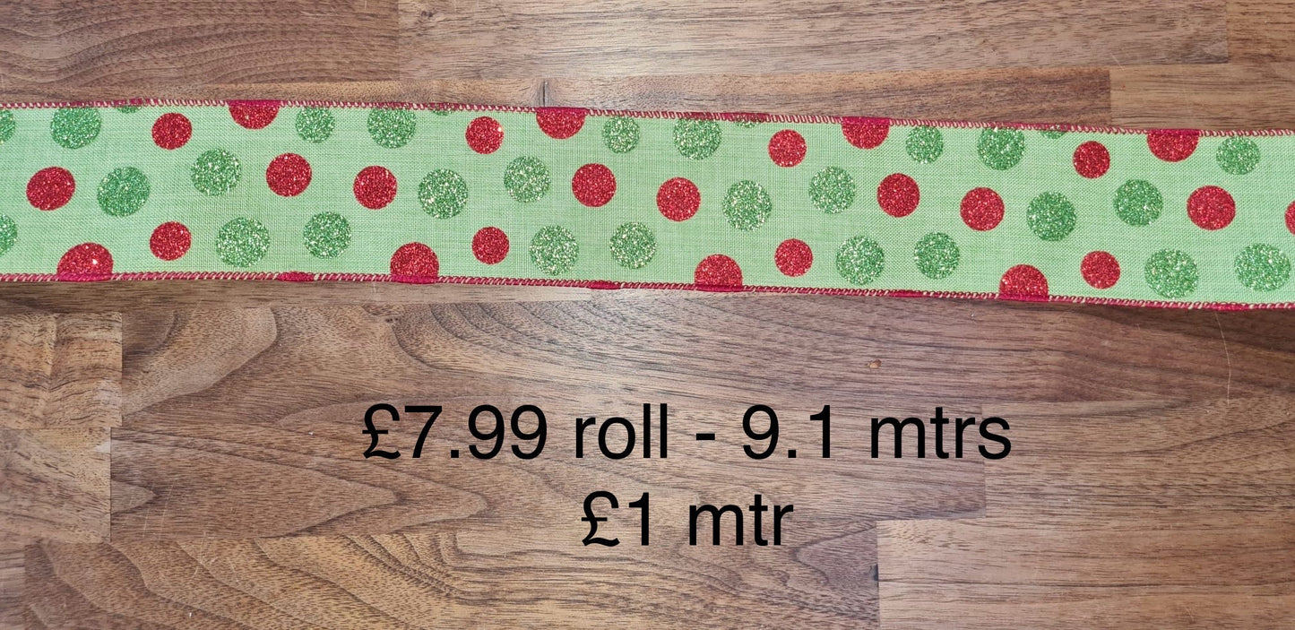 63mm Wired Glitter Spot Ribbon Per Metre