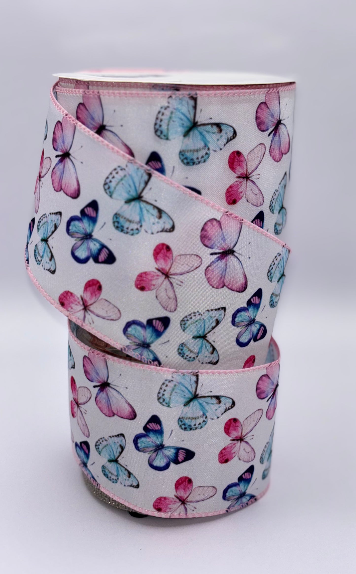 Wired Pink & Blue Butterfly Ribbon 2.5" x 10 yards