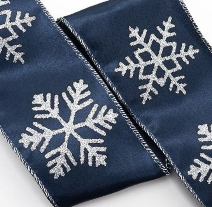 Dark Blue and Silver Christmas Snowflake Wired Ribbon 2.5" - £1.20 per metre