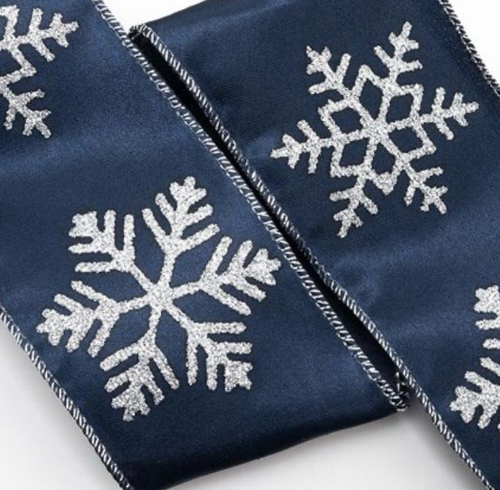 Dark Blue and Silver Christmas Snowflake Wired Ribbon 2.5" x 10 yards