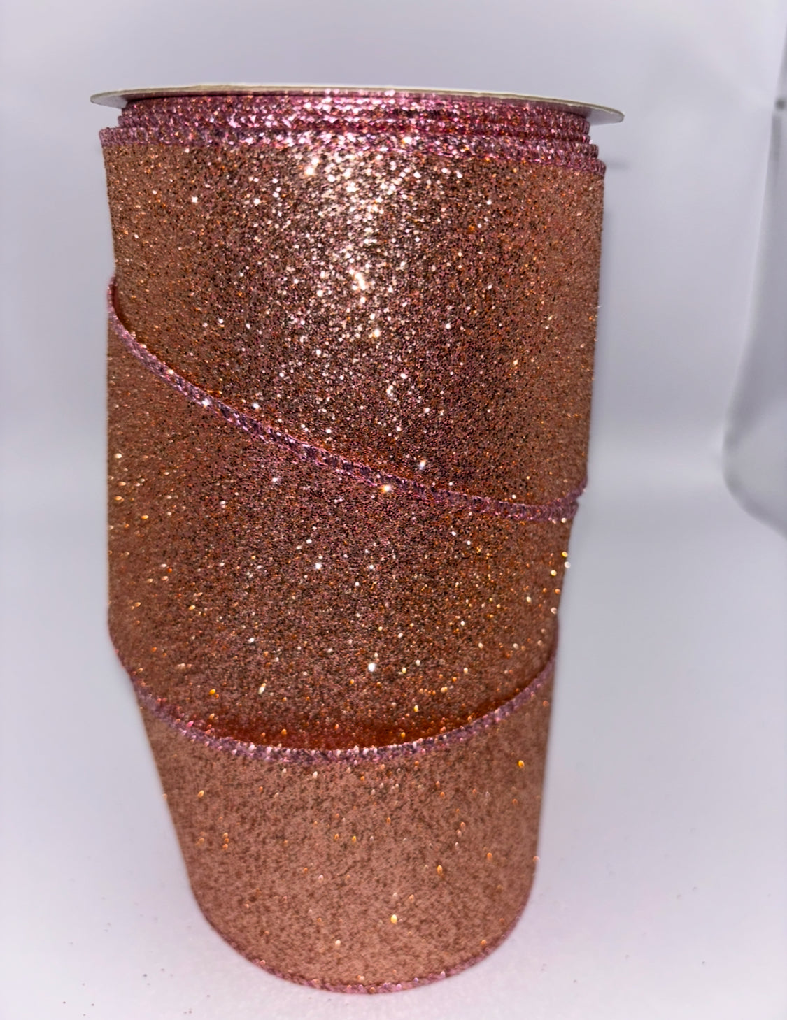 Rose Gold Sparkly Glitter Christmas Wired Ribbon 2.5" x 9.1 mtrs