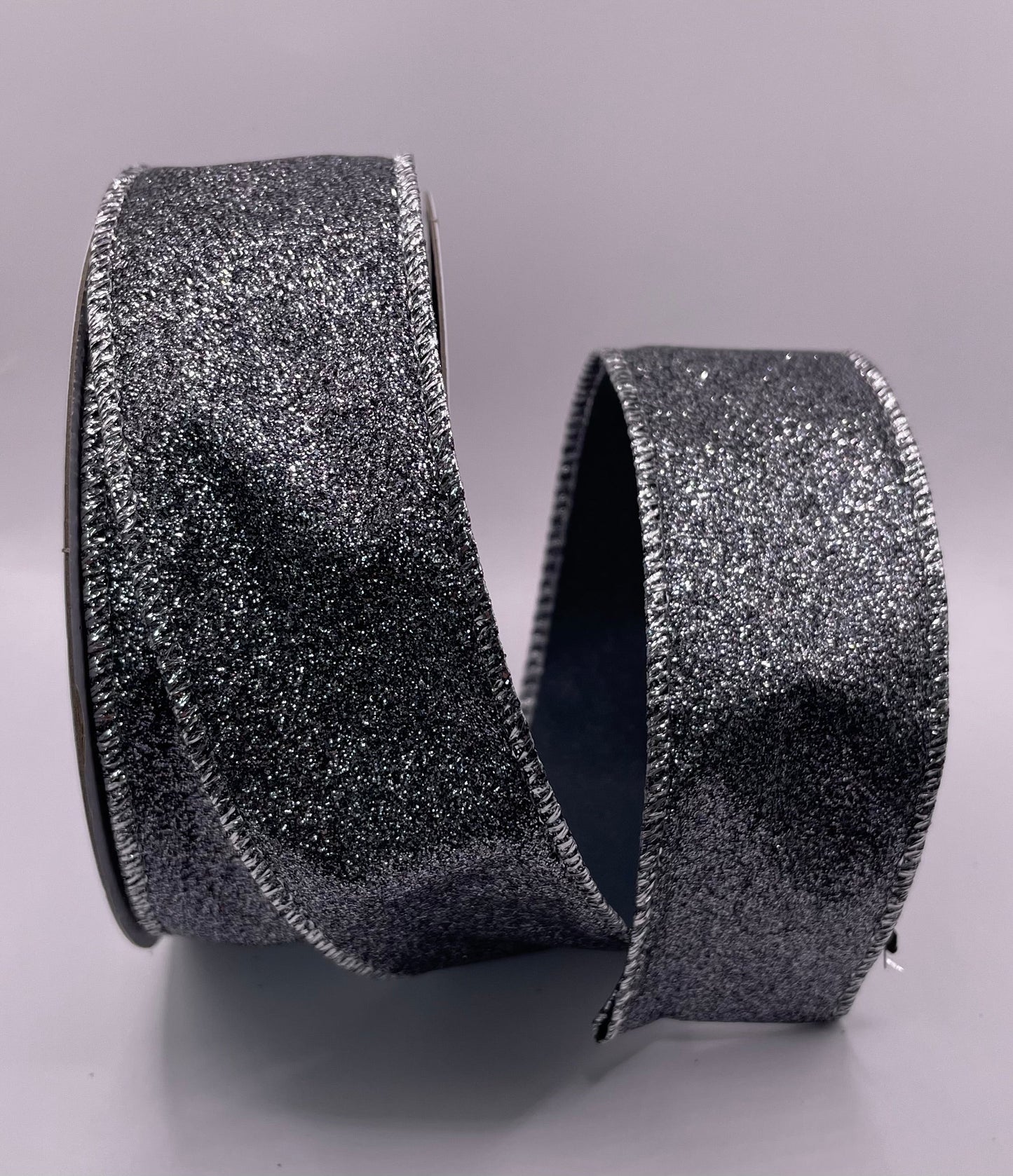 35mm Pewter Glitter Christmas Wired Ribbon Per Metre