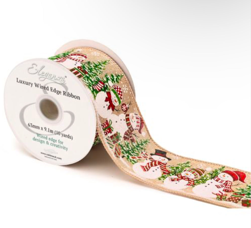 63mm Snowman Scene Christmas Wired Ribbon Per Metre