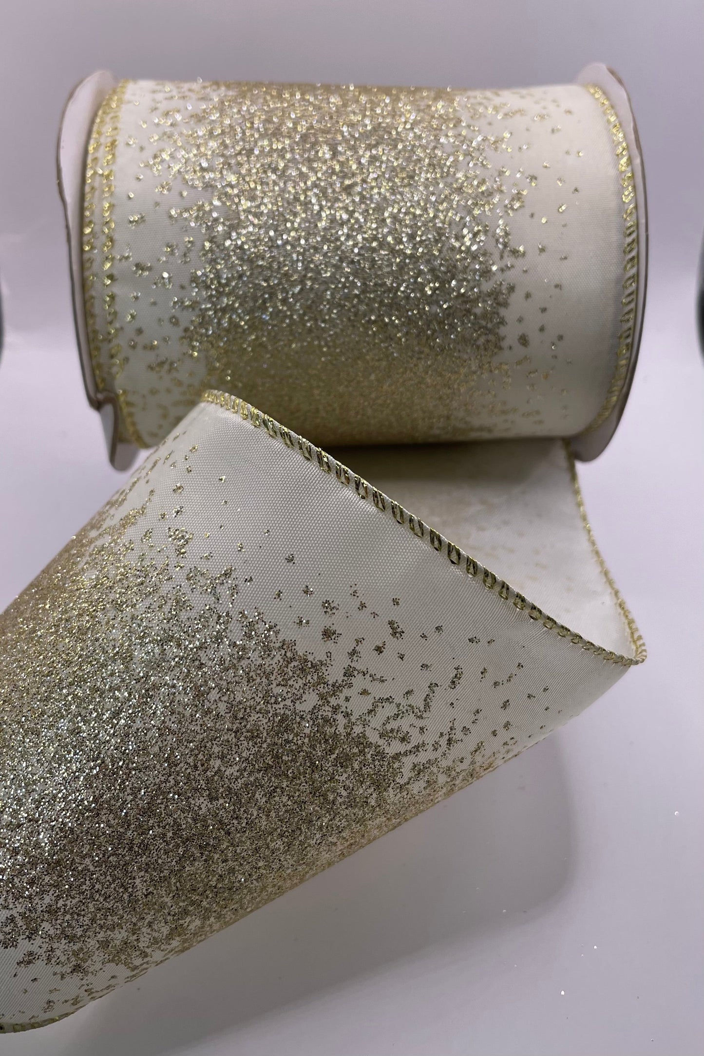 100mm Cream & Gold Glitter Christmas Wired Ribbon Per Metre