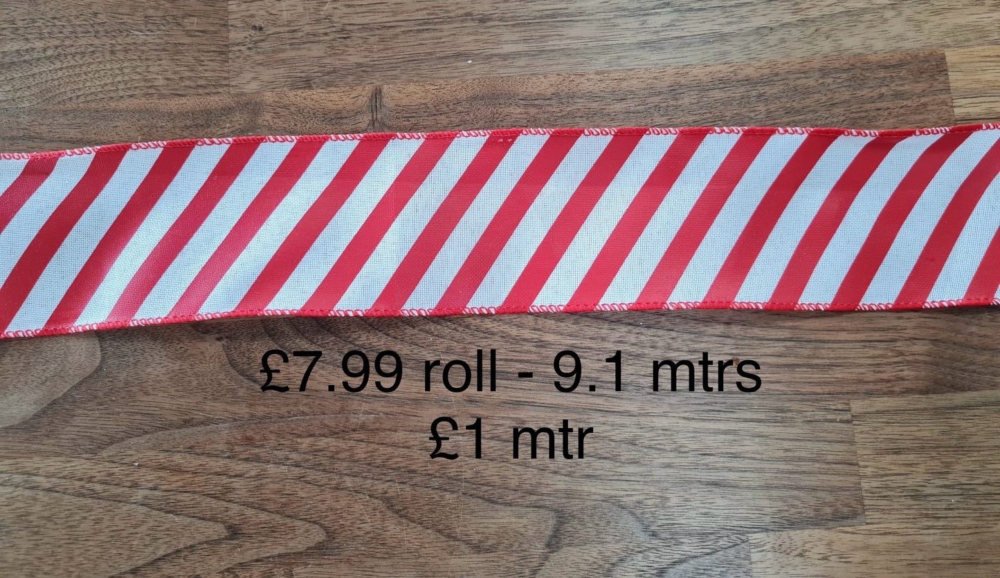 63mm Wired Candy Cane Ribbon Per Metre