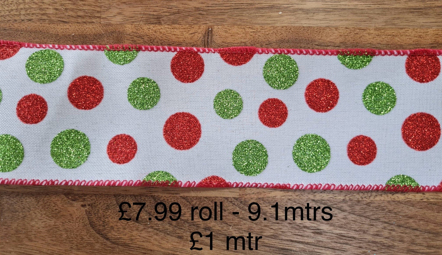 63mm Wired Glitter Spot Ribbon Per Metre