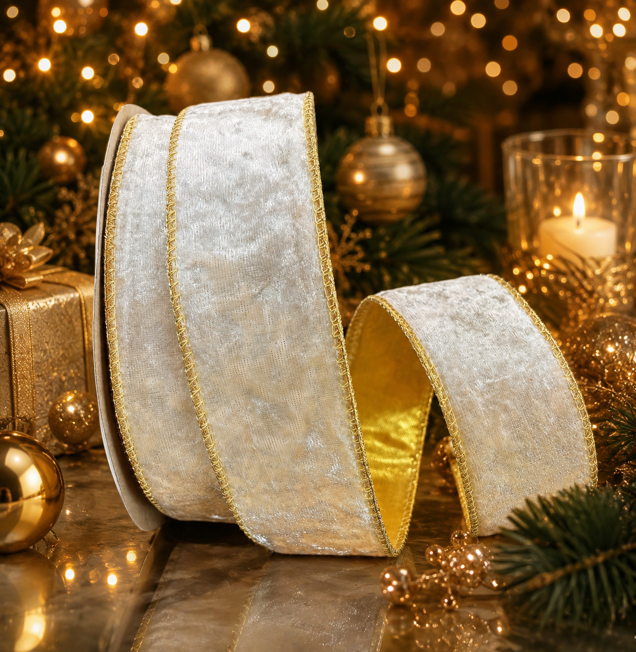 38mm Ivory Velvet With Gold Satin Back Wired Christmas Ribbon 15 yards