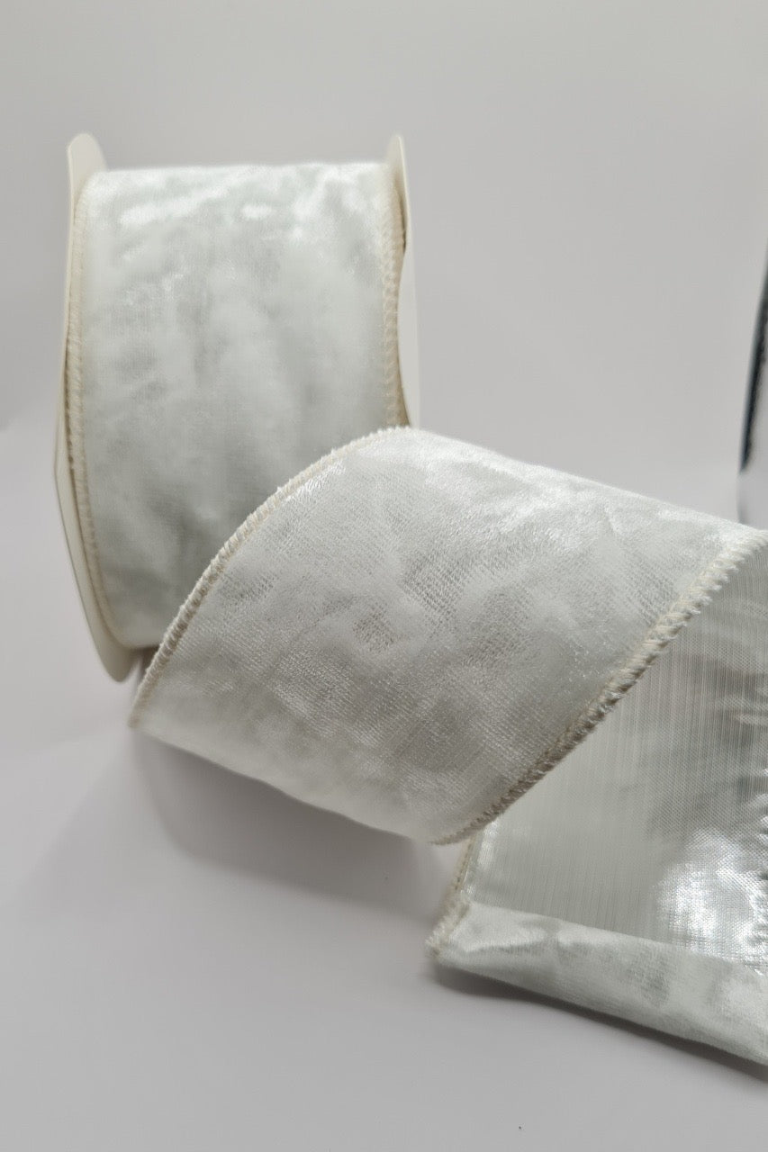 63mm White Crushed Velvet Satin Backed Wired Christmas Ribbon