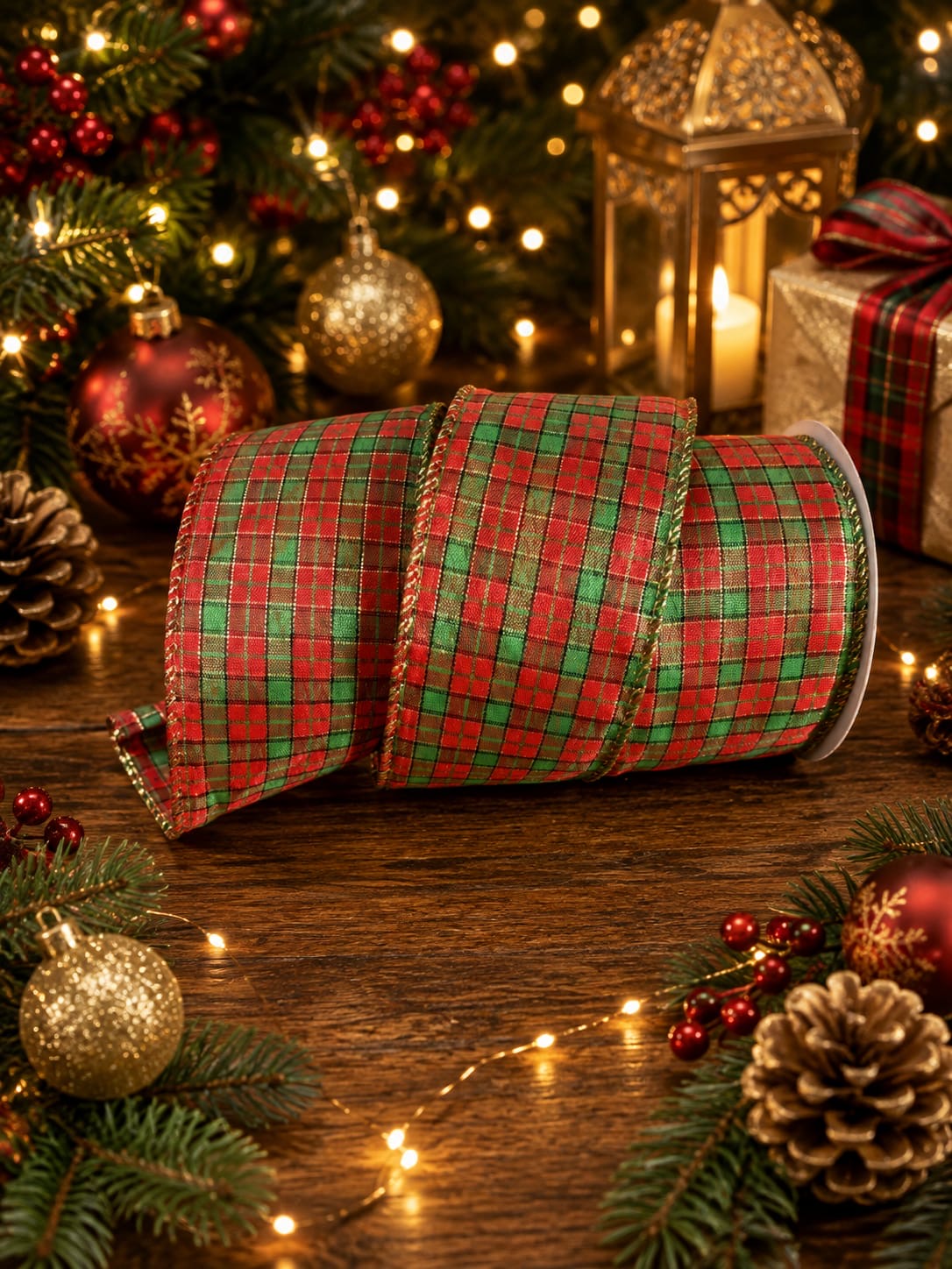 63mm Christmas Tartan Wired Ribbon - 271