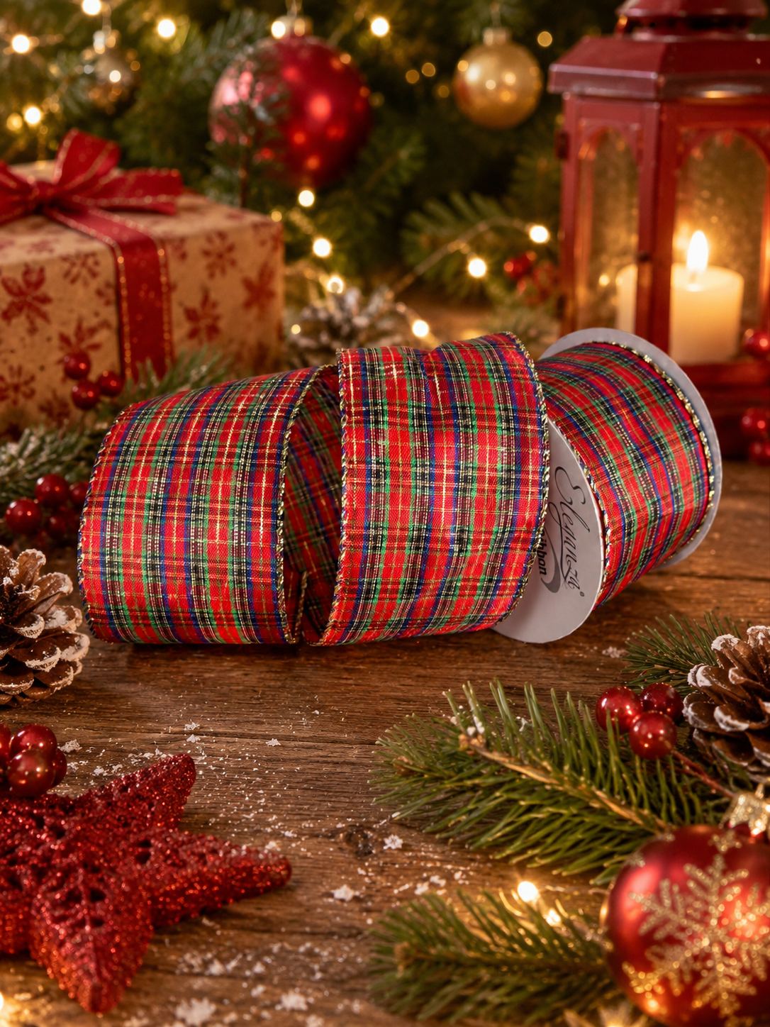 63mm Christmas Tartan Wired Ribbon - 276