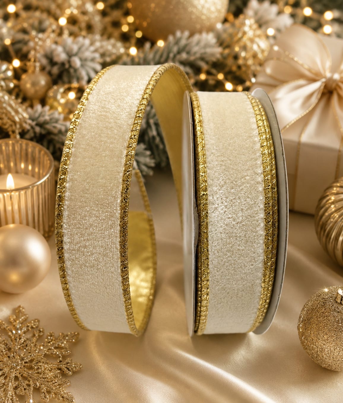 1” (25mm) Cream Velvet and Gold Backed Christmas Ribbon PER METRE