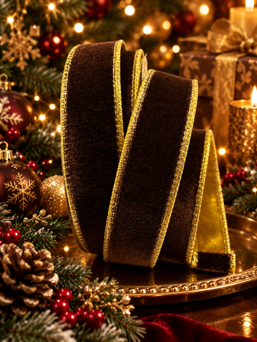1” (25mm) Brown Velvet With Gold Satin Backed Wired Ribbon