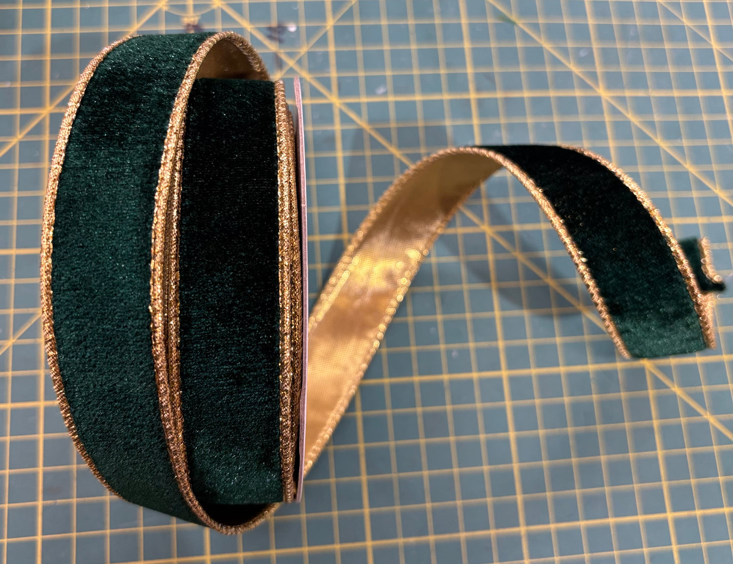 1” Bottle Green Velvet - Gold Backed Wired Christmas Ribbon