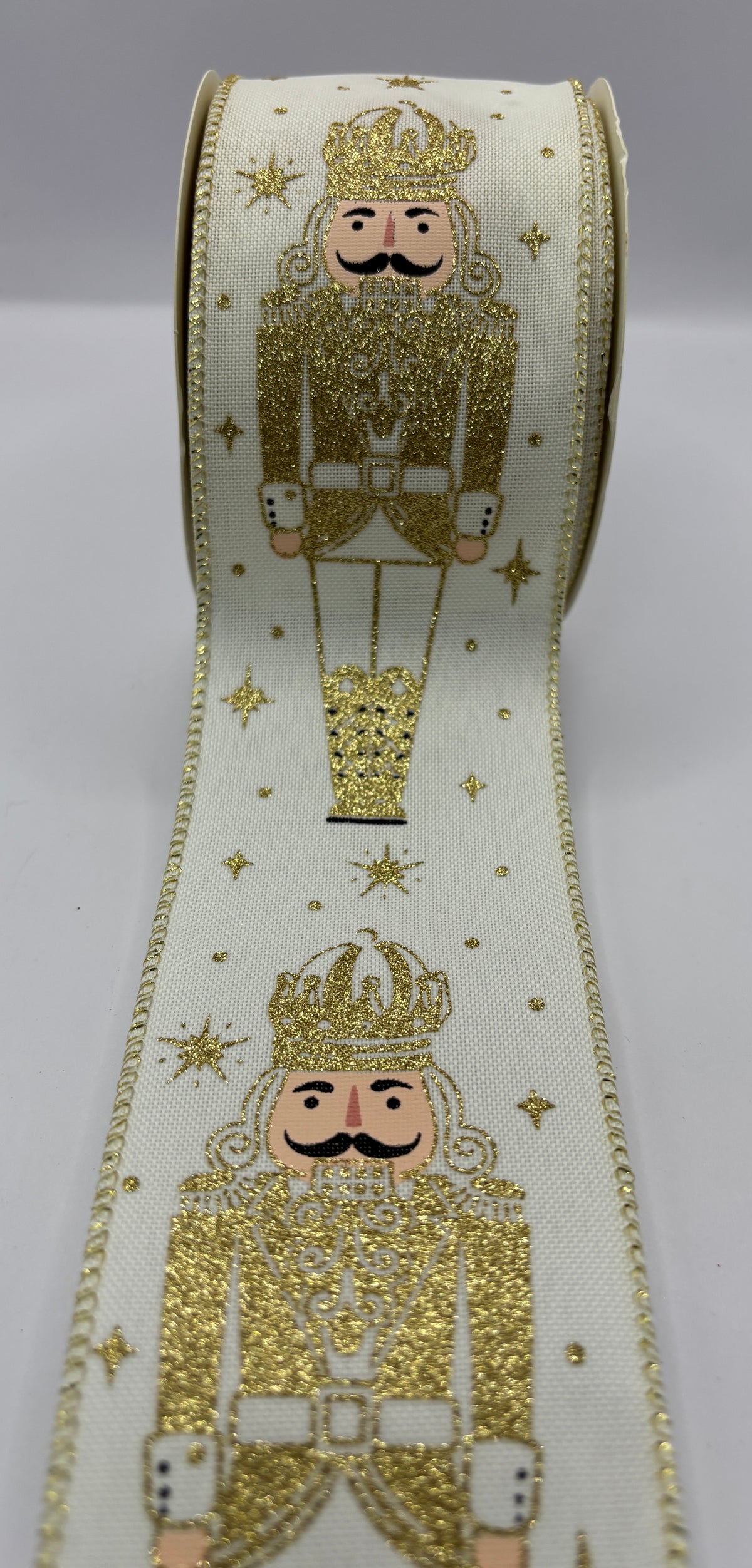 Christmas Wired Edge Nutcracker Cream & Gold Ribbon 2.5" x 9.1m