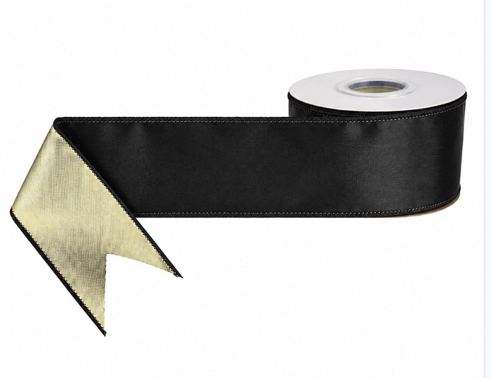 Christmas Wired Edge Luxe Satin Black/Gold 2.5" x 9.1m