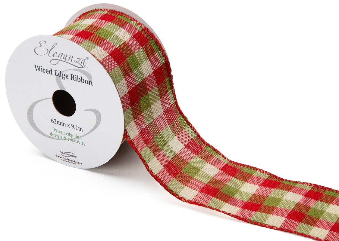 63mm Red & Green Check Wired Ribbon