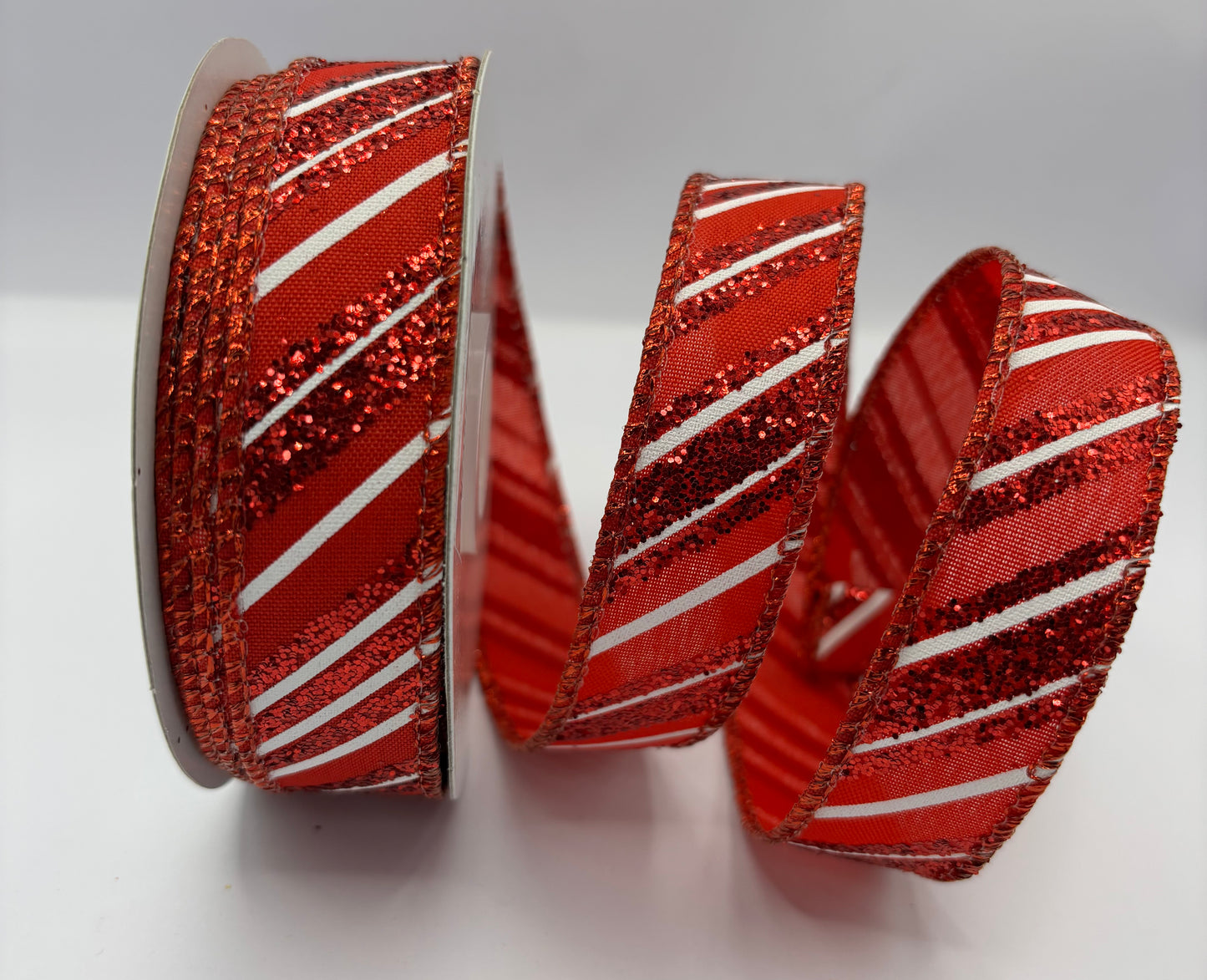1” (25mm) Red & White Glitter Wired Christmas Ribbon