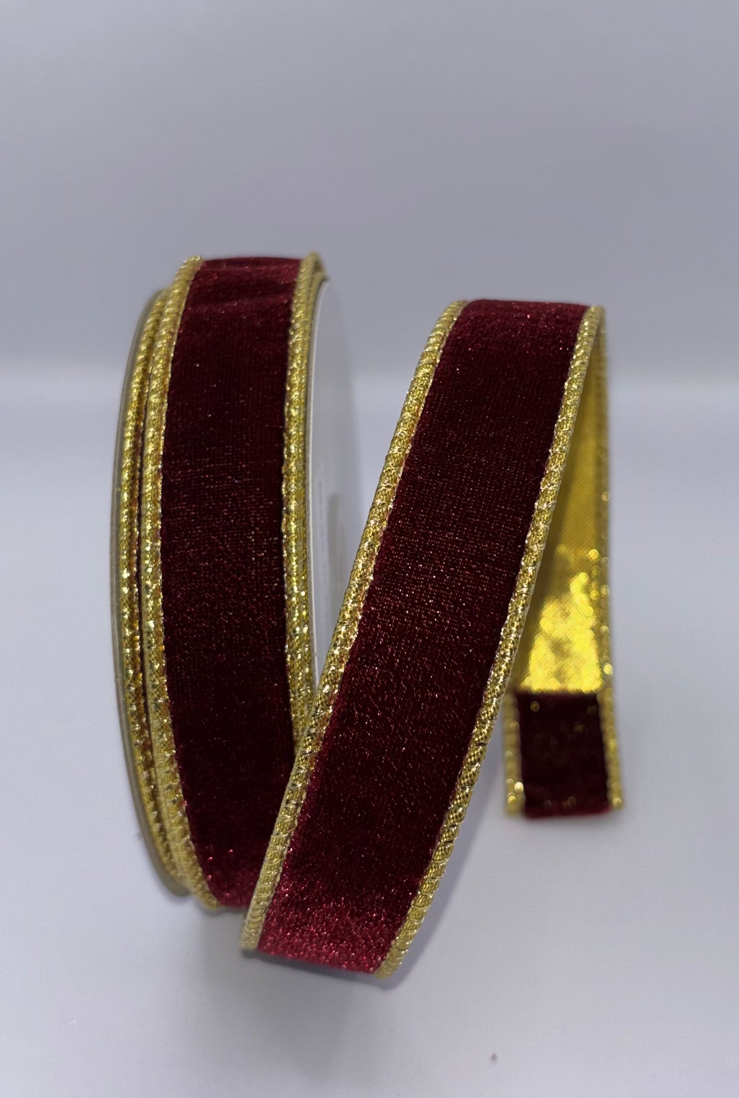 1” (25mm) Maroon Velvet and Gold Backed Christmas Ribbon PER METRE