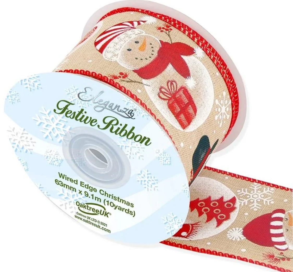 Christmas Glitter Snowman Wired Ribbon 2.5" x 9.1m