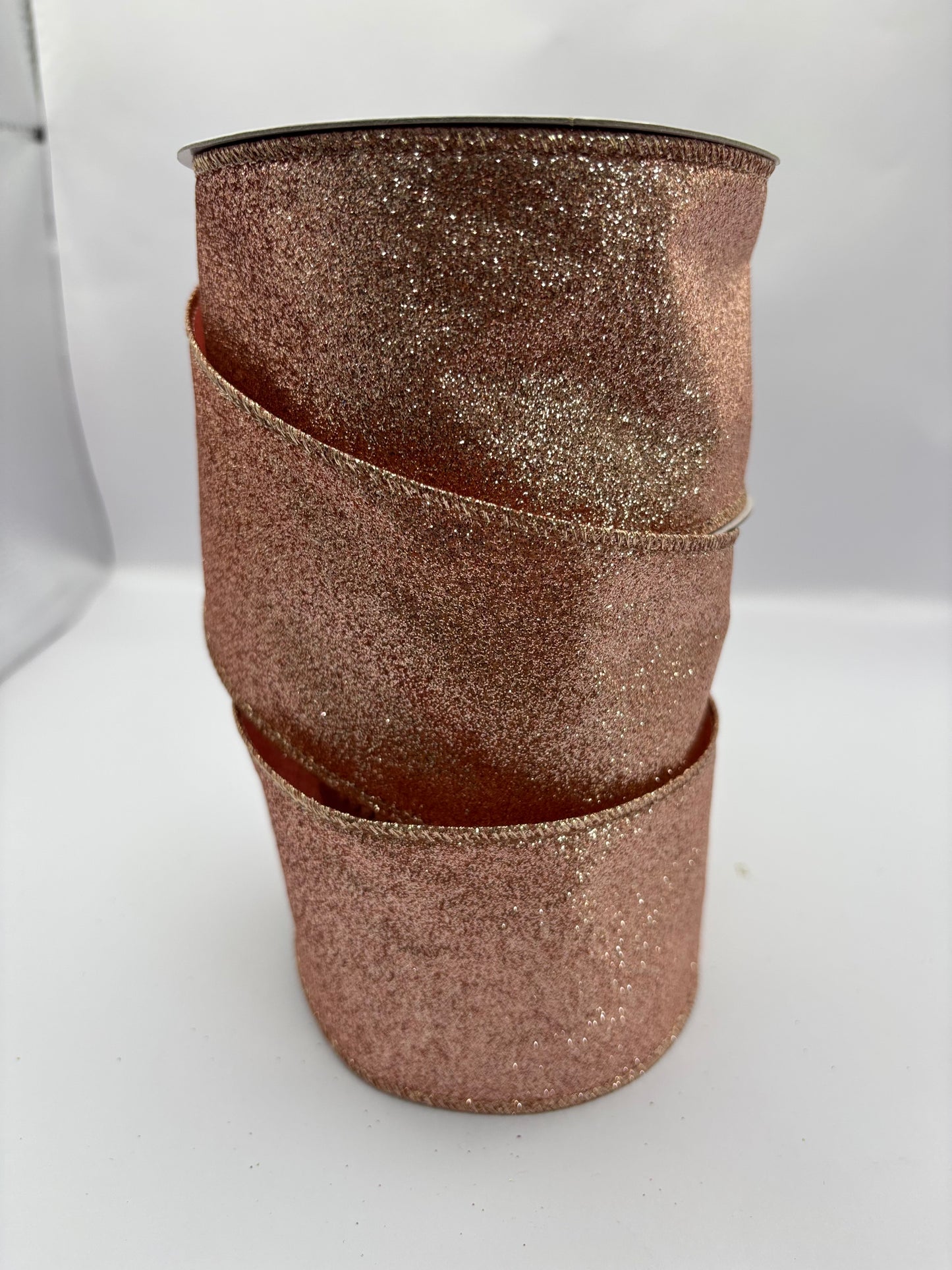 63mm Rose Gold Glitter Christmas Wired Ribbon Per Metre