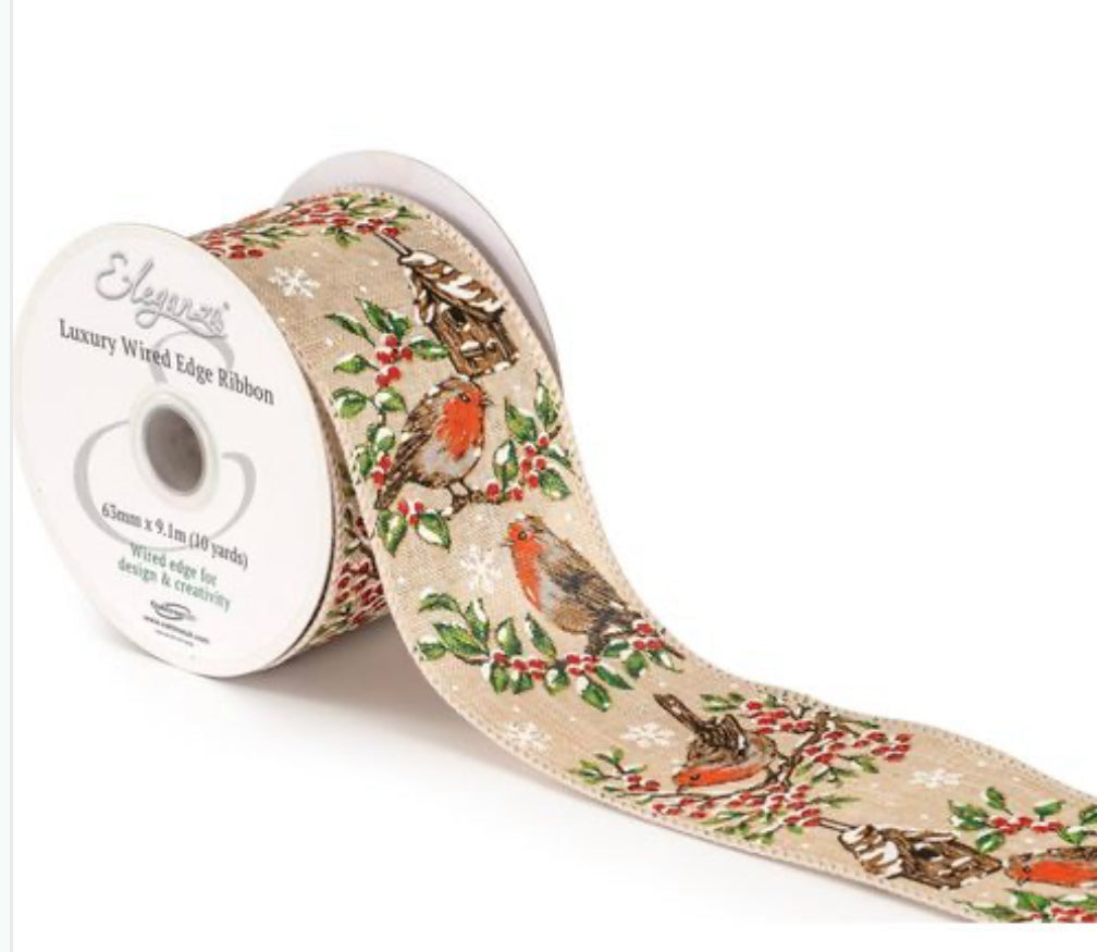 Christmas Festive Robin Wired Ribbon 2.5" x 9.1m
