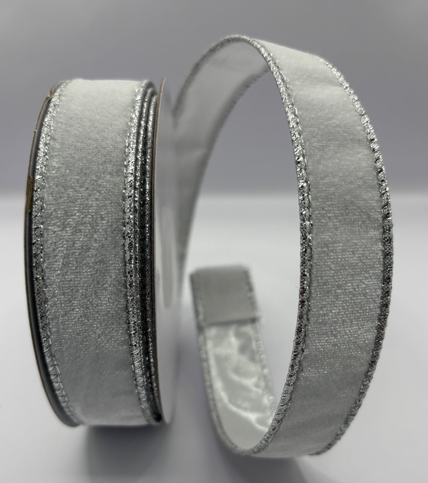 1” (25mm) White Velvet and Silver Backed Christmas Ribbon PER METRE