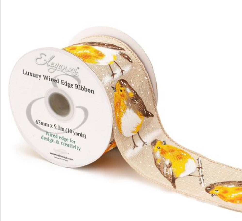 Christmas Robin Red Breast Wired Ribbon 2.5" x 9.1m
