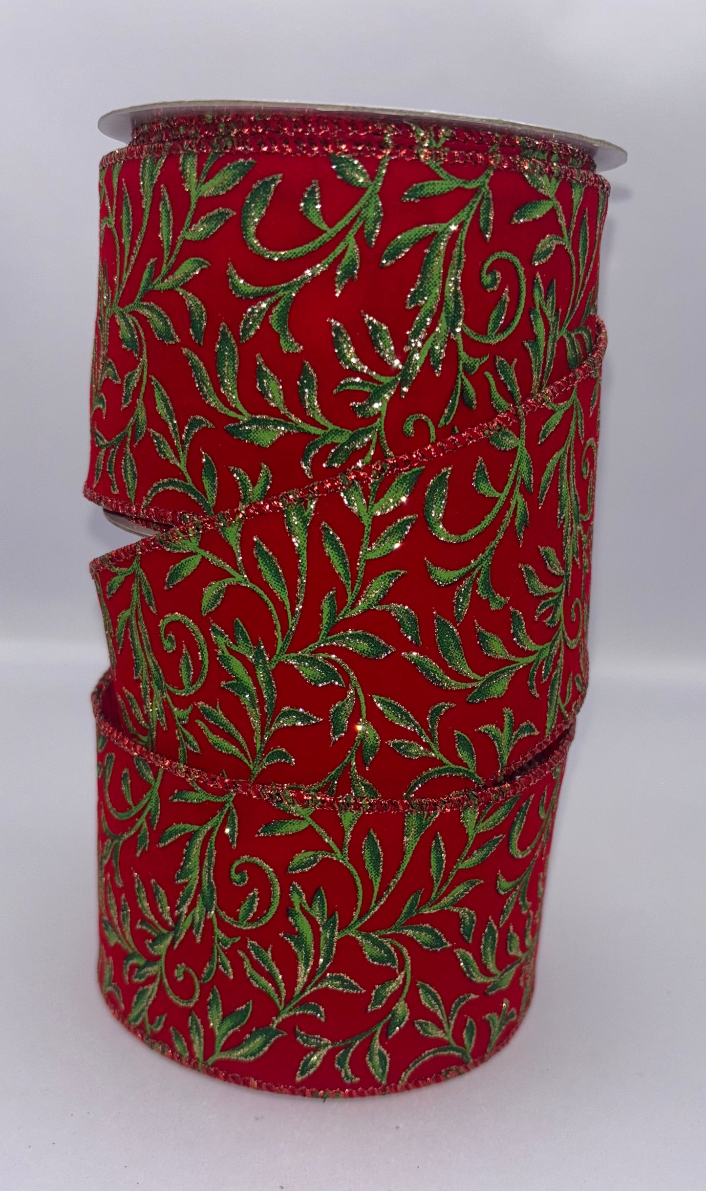 63mm Luxury Red Velvet with Green & Gold Shimmer Leaves Wired Christmas Ribbon