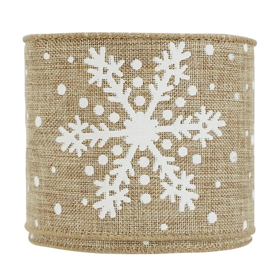 63mm Width Christmas Hessian Style Snowflake Wired Edge Ribbon Per Metre