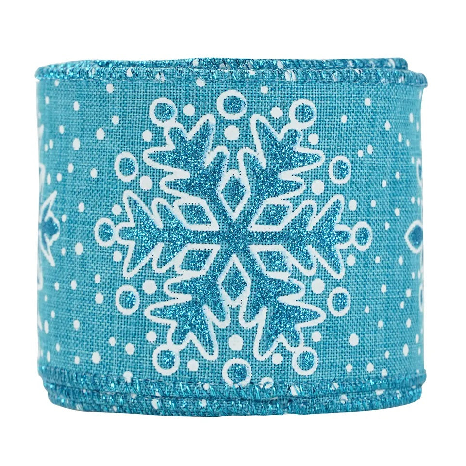 63mm Width Christmas Hessian Style Blue Glitter Snowflake Wired Edge Ribbon 63mm x 9.1m