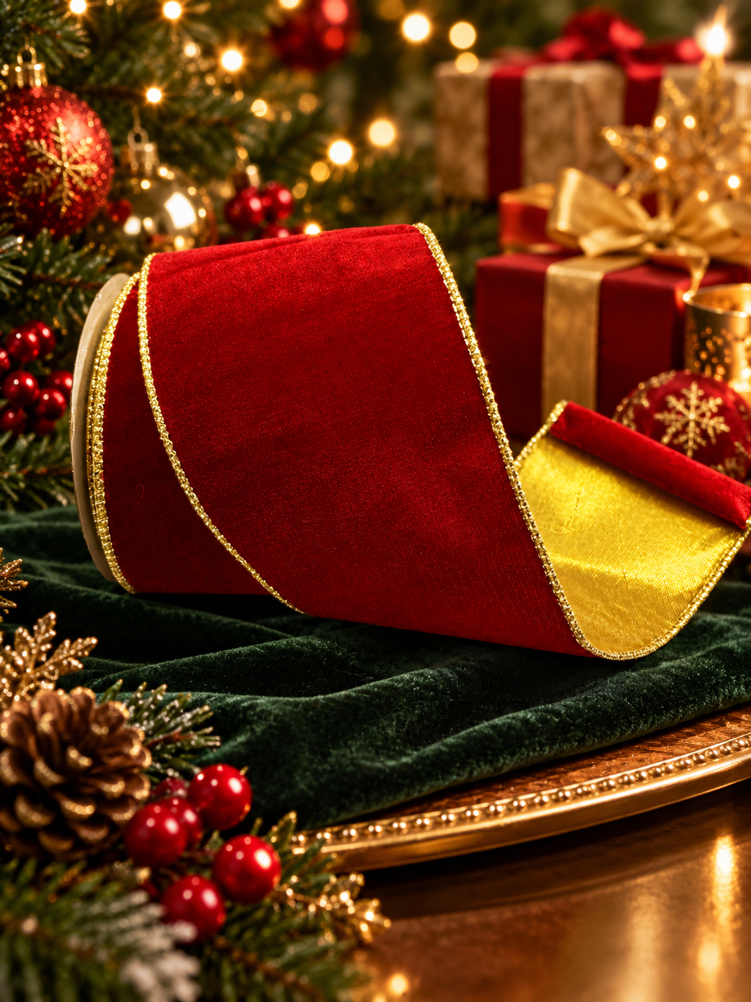 100mm Red Velvet With Gold Satin Back Wired Christmas Ribbon