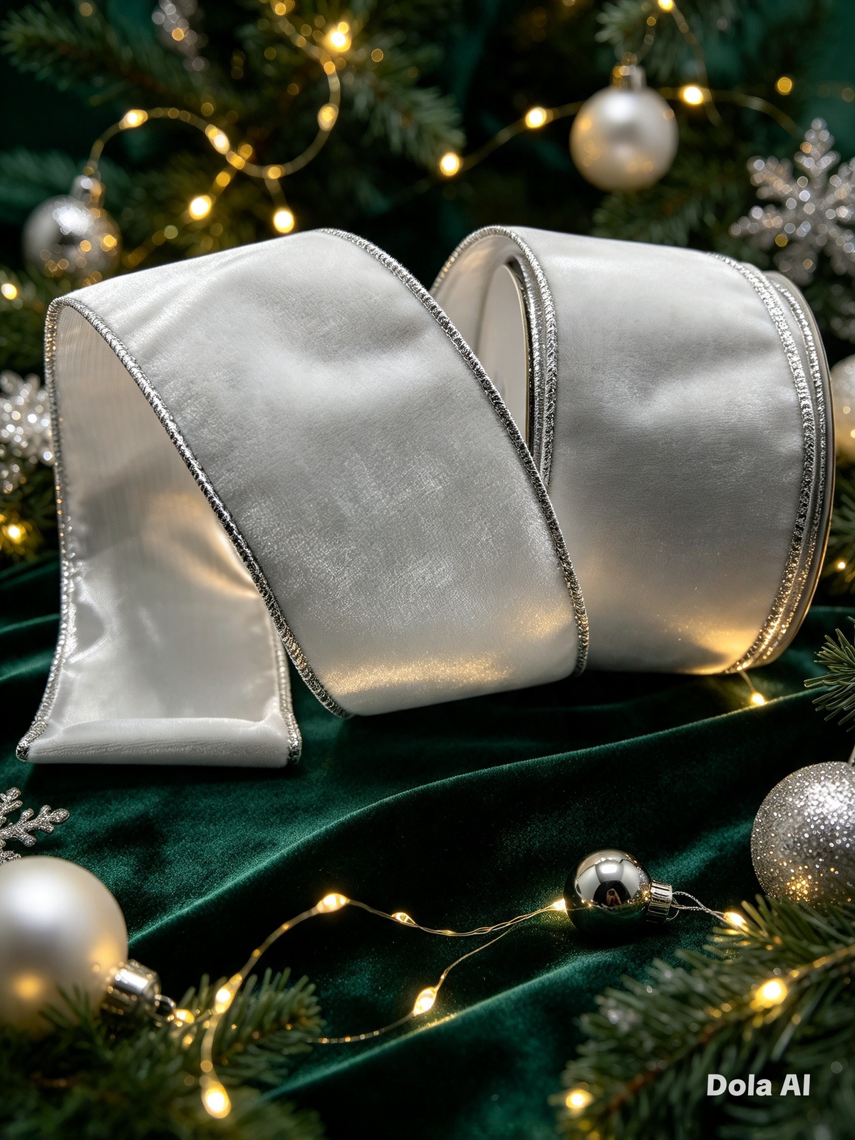 63mm White Velvet With Silver Satin Back Wired Christmas Ribbon