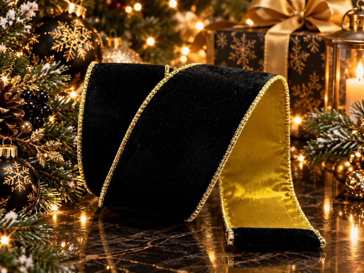 63mm Black Velvet With Gold Satin Back Wired Christmas Ribbon