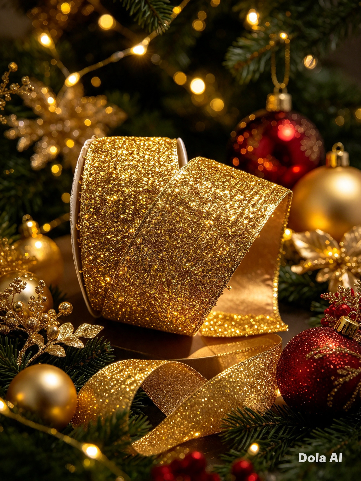 63mm Gold Tinsel Wired Christmas Ribbon