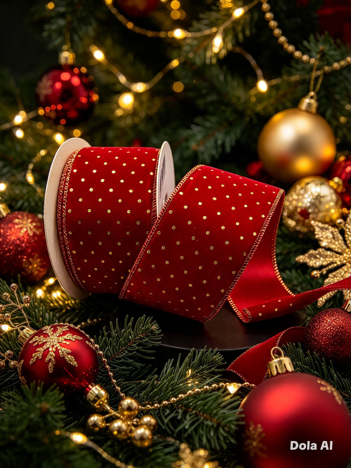 63mm Red Velvet Gold Spot Wired Christmas Ribbon