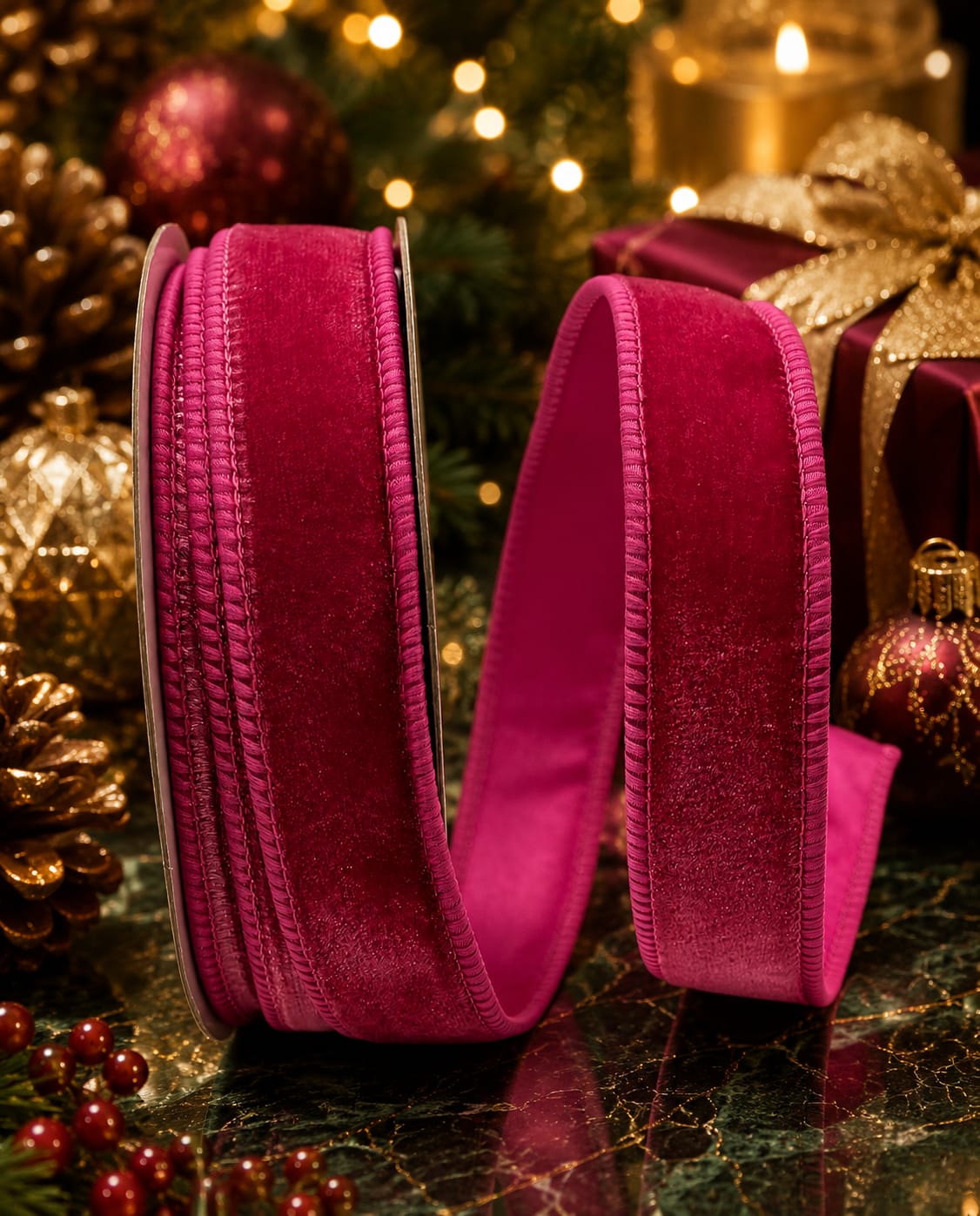 1” (25mm) Cerise Velvet With Cerise Satin Backed Wired Ribbon