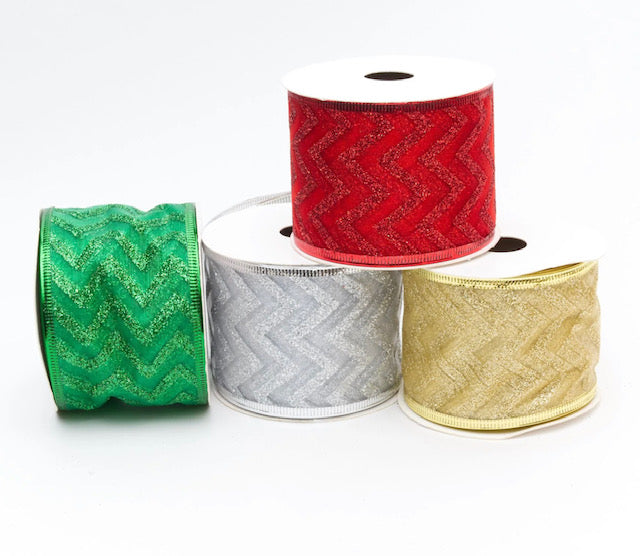 Christmas Organza Glitter Chevron Wired Ribbon 2.5" x 10 Yards