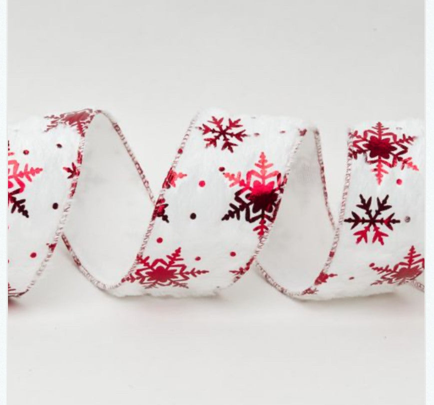Wired White Faux Fur Snowflake Christmas Ribbon