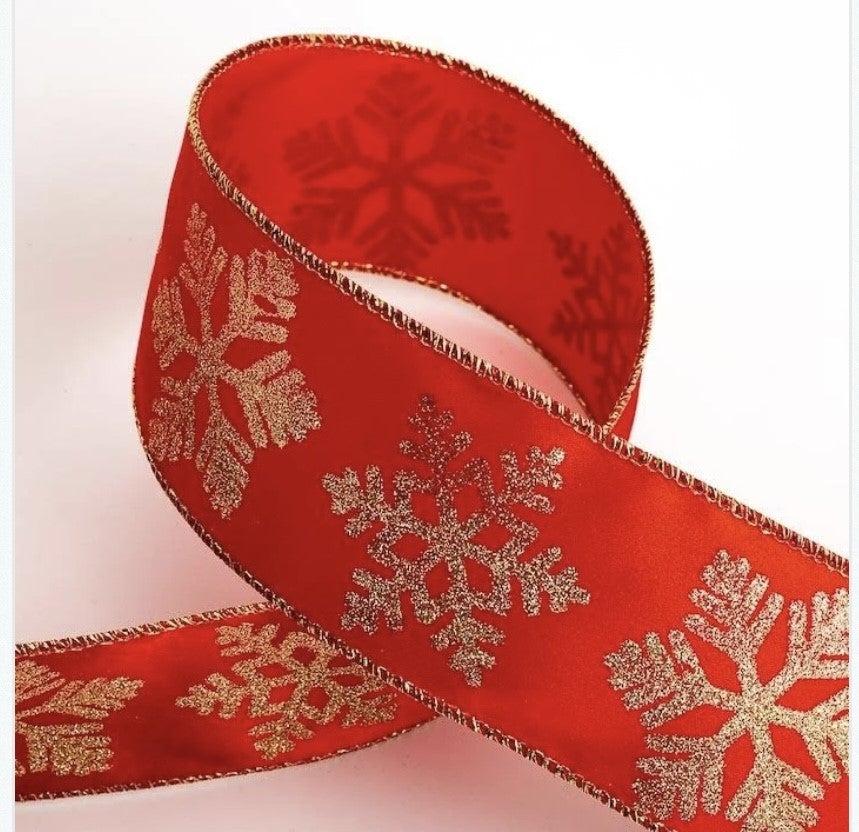 Christmas Glitter Gold Snowflakes Satin Wired Edge Red Ribbon 63mm - 80p mtr