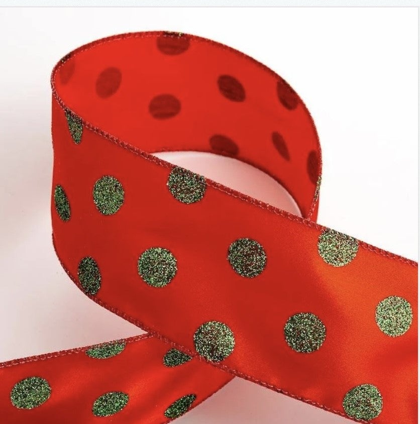 Christmas Glitter Green Dots Satin Wired Edge Red Ribbon 63mm - 80p per metre