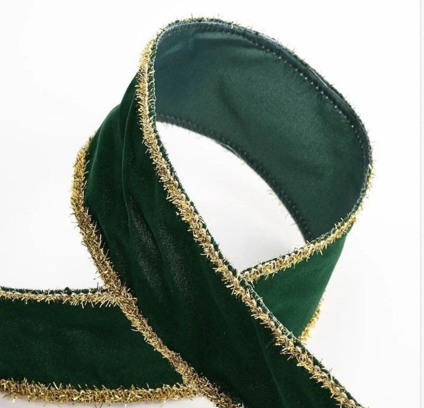 Bottle Green Velvet Wired Gold Tinsel Edge Christmas Ribbon 2.5" - £1 per metre