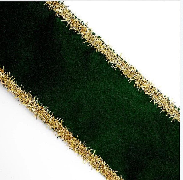 Bottle Green Velvet Wired Gold Tinsel Edge Christmas Ribbon 2.5"
