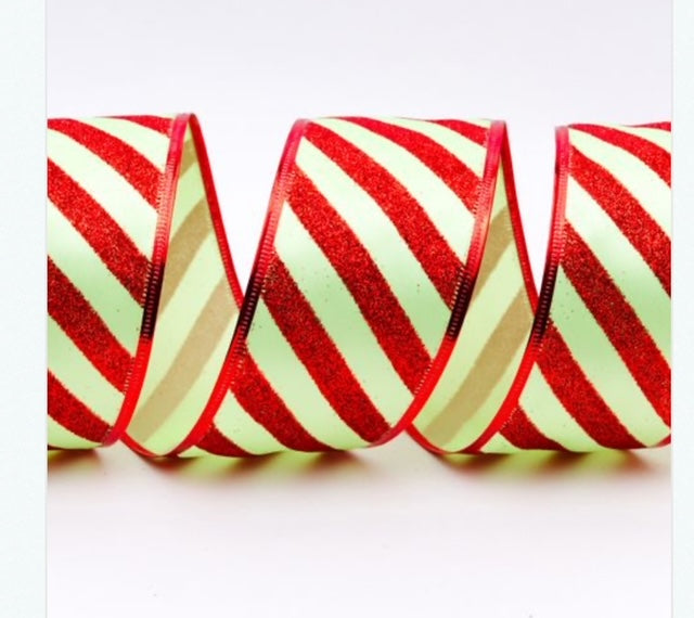Wired Glitter Red/Green Candy Stripe Christmas Ribbon