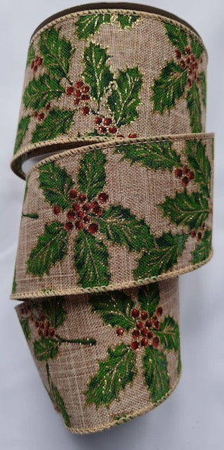 Christmas Hessian Berry Wired Ribbon 2.5" per metre