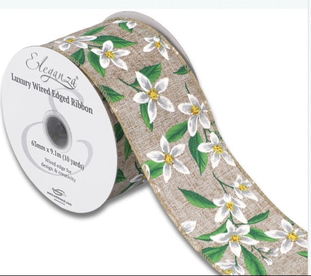 Wired Floral Natural Ribbon 63mm - £1 per metre