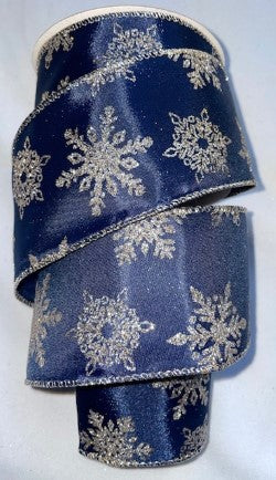 Dark Blue and Gold Christmas Snowflake Wired Ribbon 2.5" - £1 per metre