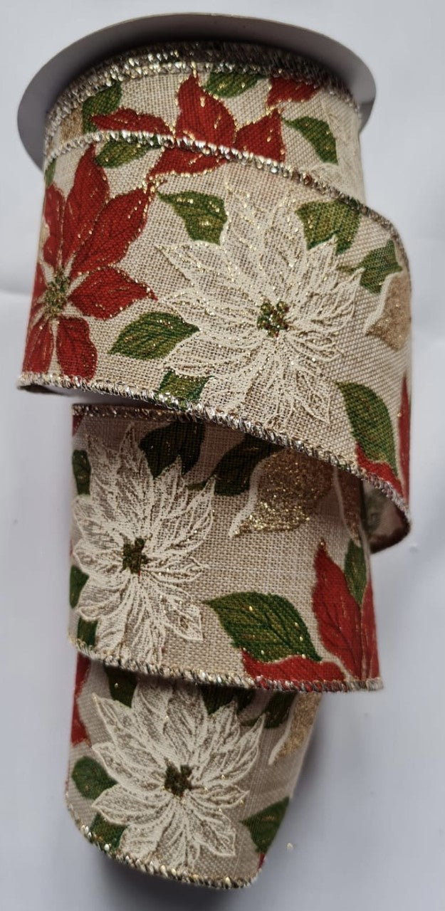Christmas Glitter Poinsettia Wired Ribbon 2.5" x 10 yards