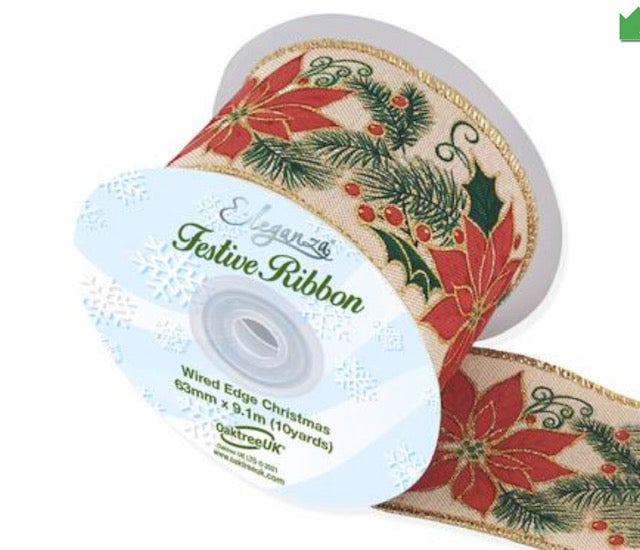 Christmas Pointsettia Wired Ribbon 2.5" - £1 per mtr