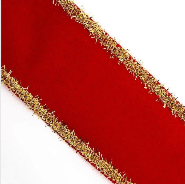 Red Velvet Wired Gold Tinsel Edge Christmas Ribbon 2.5"