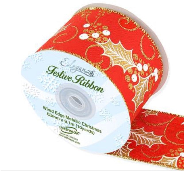 Christmas Holly Wired Ribbon 2.5" - £1 per metre